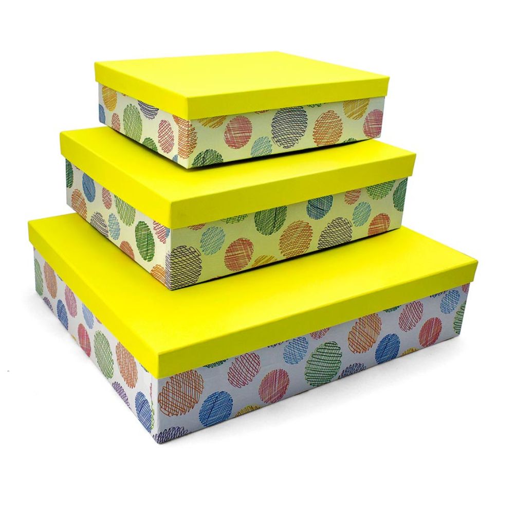 Χειροποίητο Χάρτινο Κουτί, Πολύχρωμο Πουά με Κίτρινο Καπάκι, 4 διαστάσεις